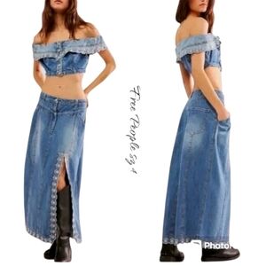NWT Free People Blue Boho denim Maxi Skirt 2 Piece Set sz 4